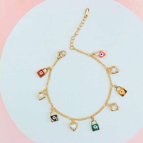 "Rose Gold Evil Eye & Heart Charm Anklet in Gold Plated Brass, XPAL1193 - Picture 7 of 12